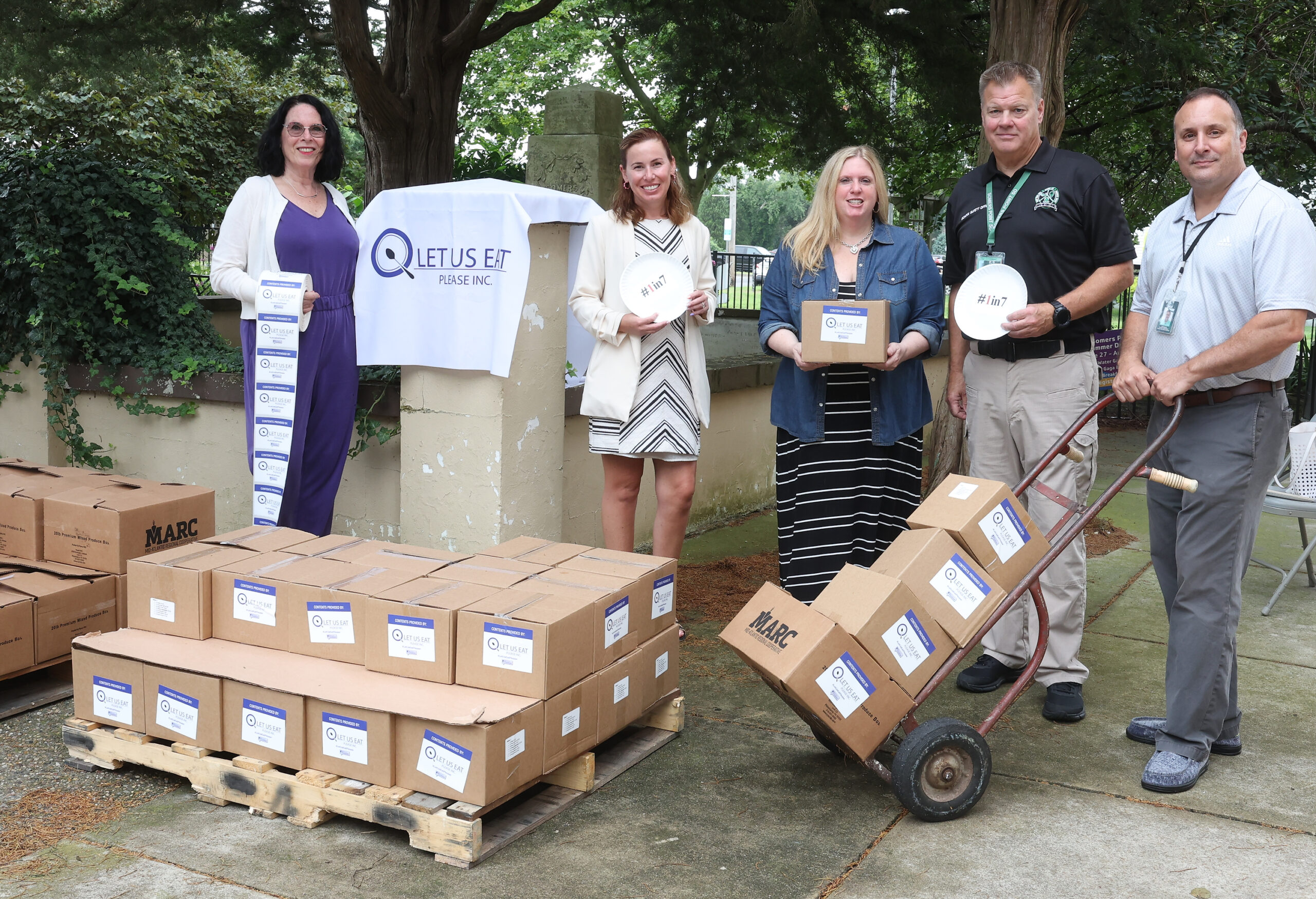 Let Us Eat – Please, Inc. committee members Donna Vecere, Cooper Levenson, Kasi Gifford, Esq., Cooper Levenson, Amy Houck Elco, Esq., Cooper Levenson join Somers Point School District Chris Osbeck, School District Security Supervisor and Somers Point School Superintendent Ted Pugliese.