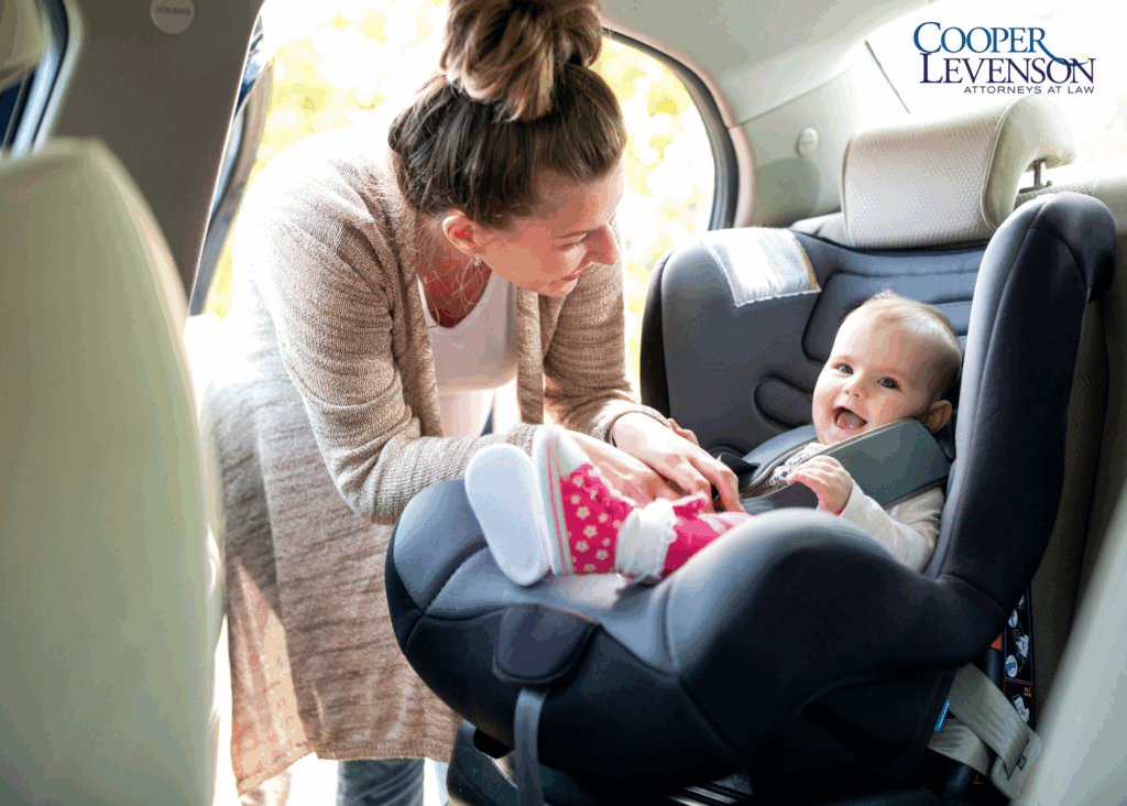 Mother securing toddler in a car seat.