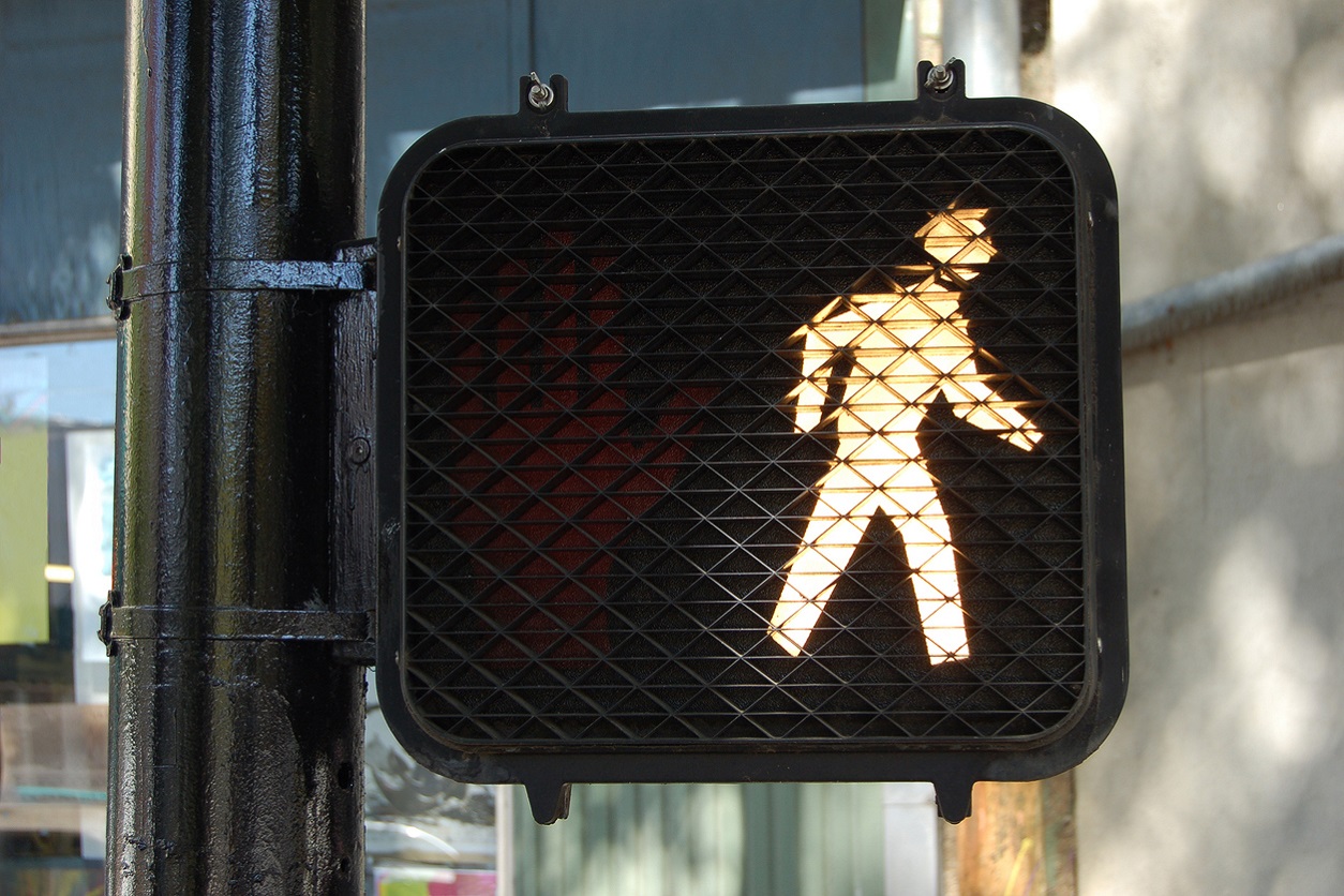 crosswalk sign with pedestrian light