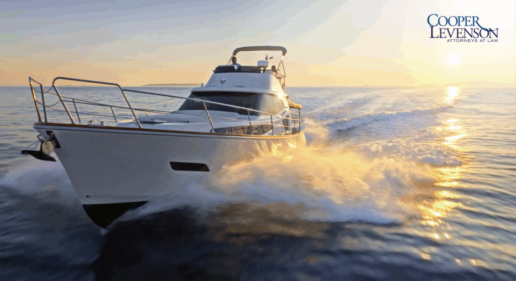 Large boat making a wake as the sun rises.