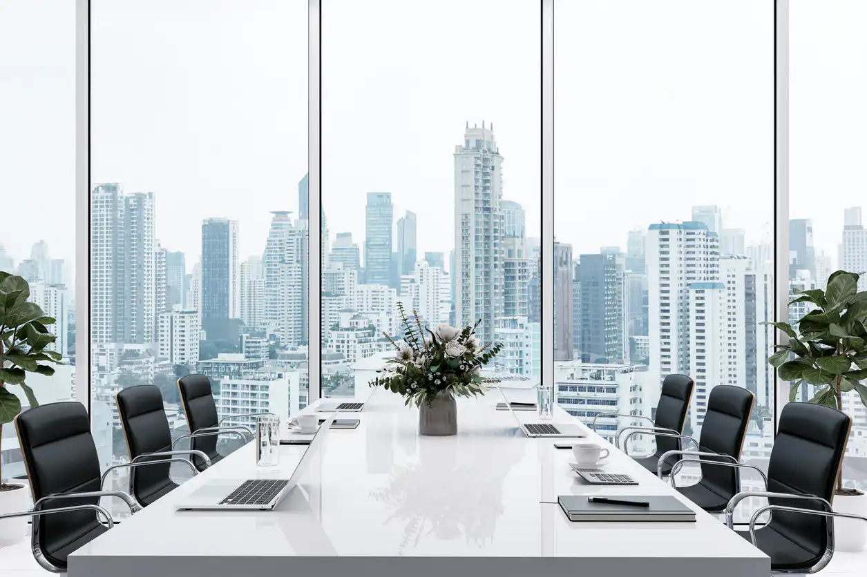 Office Conference Room Overlooking City Skyline
